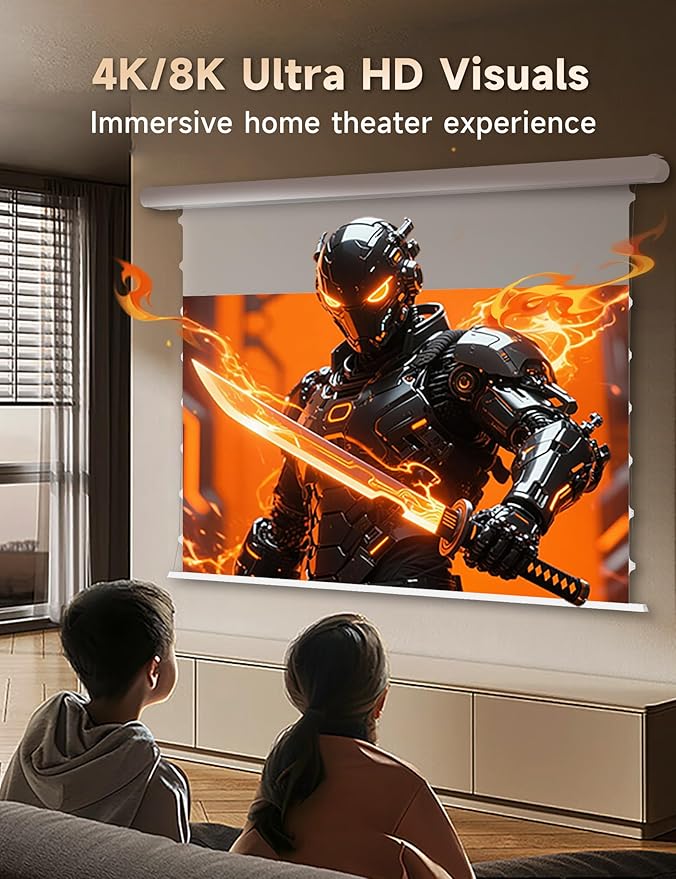 120" PureVision Motorized Projector Screen with Laser Speckle Reduction & Auto-Sync for Long Throw Projectors,Movie Screen 4K/8K UHD Ready,20" Adjustable Drop and Black Backing for Enhanced Contrast