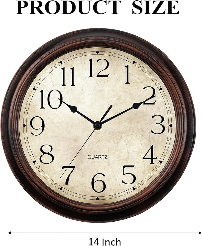 KECYET 14 Inch Wall Clocks Battery Operated Silent Non-Ticking Analog Wall Clock Vintage Retro Rustic Style Decorative for Living Room Kitchen Home Office(Bronze)