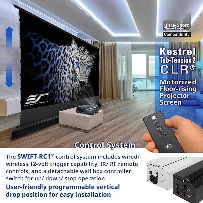 Elite Screens Kestrel Tab-Tension CLR, 121 inch 16:9, Ultra-Short Throw Ceiling Ambient Light Rejecting ALR Electric UST Floor-Rising Projection Motorized Front Projector Screen, FTE121UH3-CLR, Black