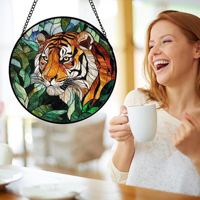 AMDERVEN Stained Glass Window Hanging, Fierce Tiger Sun Catcher for Door Home Decor Wild Animals Suncatcher Christmas Mother's Day Birthday Gifts for Women Men Mom and Nana 11.8 in