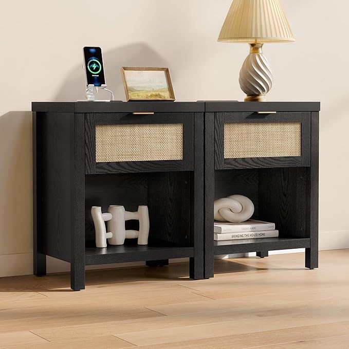 SICOTAS Black Nightstands Set of 2 with Charging Station - Boho Rattan Night Stand with Drawer, Modern Bedside Table with USB and Type-C Ports, Bed Side Tables for Bedroom, Black Oak, 2 PCS