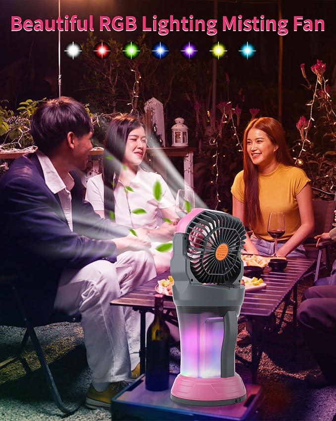 WESTTREE Portable Misting Fan with Large Battery Fan-Rechargeable Outdoor Misting Cooling Fans with 2L Water Tank,RGB Lights,4 Speeds & Spray Modes-for Patio, Camping, Beach, Workshop (Gray-Pink)