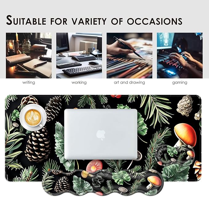 BFUKVOU Large Keyboard Mouse Pad Set, Extended Mouse Pad+Keyboard Wrist Rest Support, Memory Foam Ergonomic Easy Typing, 4Pcs (31.5×11.8 in) Desk Pad Set for Office Home,Mushrooms and Leaves