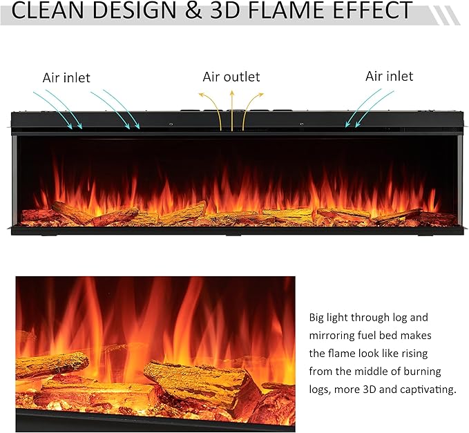 LegendFlame 71" W Smart Build in Electric Fireplace Insert, 1-2-3 Sided View, Heater 750W/1500W, Multi Colors of Flame & Fuel Bed, Alexa/Google Assistant Enabled