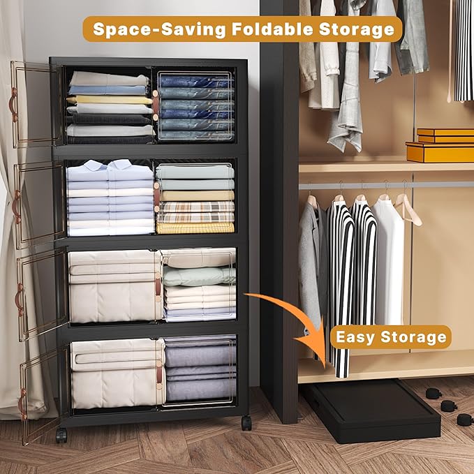 Extra Large Stackable Storage Bins with Lids & Wheels, 220QT-55QT/14GAL*4Pack Foldable Collapsible Closet Organizers Dark Storage Cabinet with Doors for Bedroom Dorm