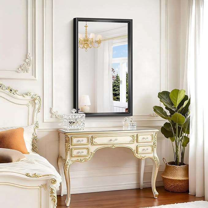 Bathroom Mirror, 40x24 Inch Brushed Black Rectangle Mirror, 0.6" Thickened Deep Metal Framed Vanity Mirrors for Bathroom Sink, Shatterproof Tempered Glass, Antirust, Horizontally or Vertically