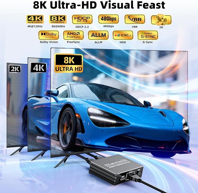 HDMI 2.1 Splitter 1 in 2 Out 4K 120Hz 8K 60Hz with Audio Out, BolAAzuL 1x2 HDMI Y Splitters Powered Plug&Play for Dual Monitors Duplicate, Zero Latency, Support HDCP 2.3 HDR for PS5/Xbox/PC/TV