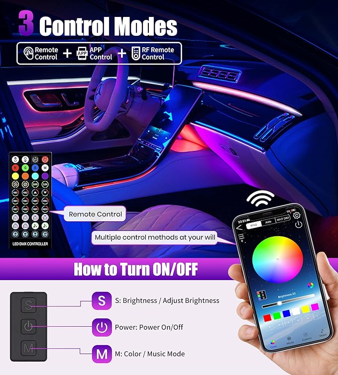 KENANEK 234’’ Acrylic Car Ambient Lighting Kit – 8 RGB LED Light Strips, APP/Remote/Control Box, Music Sync, Dual USB Cigarette Lighter, Universal Fit for Car/SUV/Truck