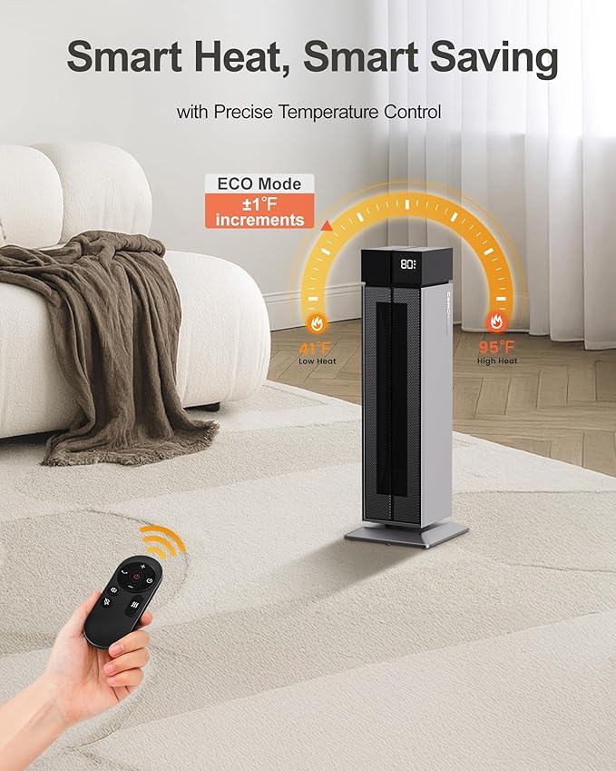 ComDomus Electric Heaters for Indoor Use, 25” Space Heater Large Room with 120° Oscillation, 3 Heat Levels, 3 Modes, Multiple Safety Protections, 12H Timer, Silver Ceramic Tower Heater for Bedroom