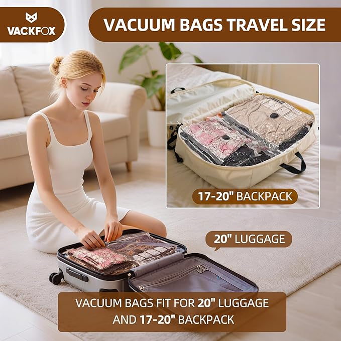 VACKFOX 12 Pack Vacuum Bags for Travel with Rechargeable Air Pump Equipped LED Light, Vacuum Storage Bags(4L+4M+4S), 80% Space Saver Vacuum Seal Bags for Blankets, Comforters, Lugggage