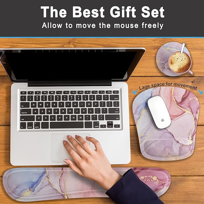 Keyboard Wrist Rest Memory Foam Ergonomic Mouse Pad with Computer Wrist Support Set with Non-Slip Rubber Base Coaster for Home, Office Easy Typing and Pain Relief - Pink Gold Marble