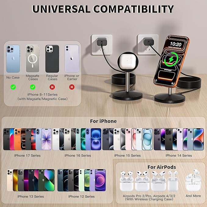 Magnetic Wireless Charging Station,25W Fast Charger 6FT Mag safe Wireless Station Pad,[Qi2.2 Certified] 360° Charger Stand for iPhone 17/17 Pro/Air/17 Pro Max/16 Pro Max/15/14/13/12, AirPods Pro 2/3/4