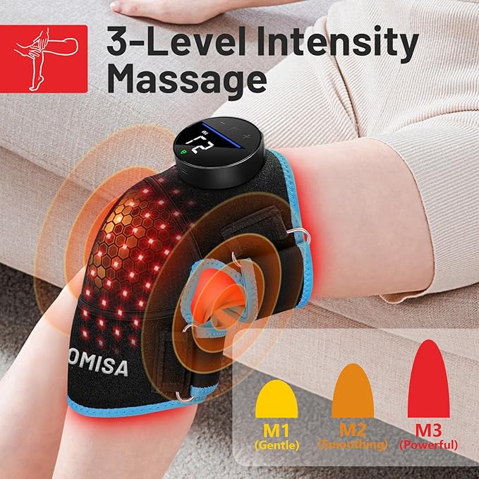 ROMISA Red Light Therapy Knee Brace & Vibration Knee Massage, 660nm & 850nm Rechargeable Near Infrared Light Therapy Device for Knee/Elbow/Shoulder for Cordless Use, Blue.