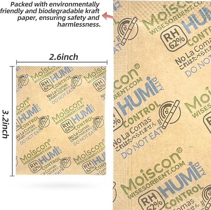 Wisesorb 225 Pack 62% RH 8 Gram Two-Way Humidity Control Packs for Storing 1 oz, Size 8 Moisture Control Packets Individually Wrapped