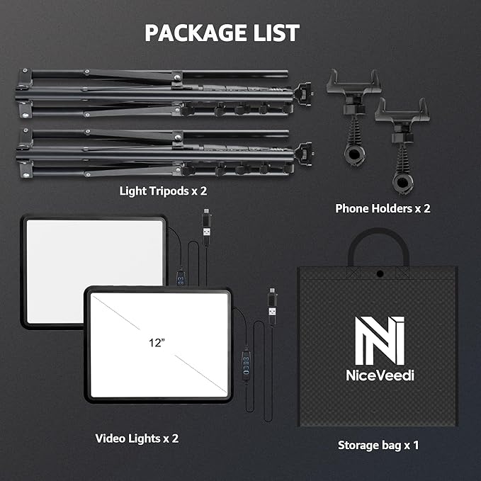 2-Pack LED Video Light Kit, NiceVeedi Studio Light, 2800-6500K Dimmable Photography Lighting Kit with Tripod Stand&Phone Holder, 73" Stream Light for Video Recording, Game Streaming, YouTube