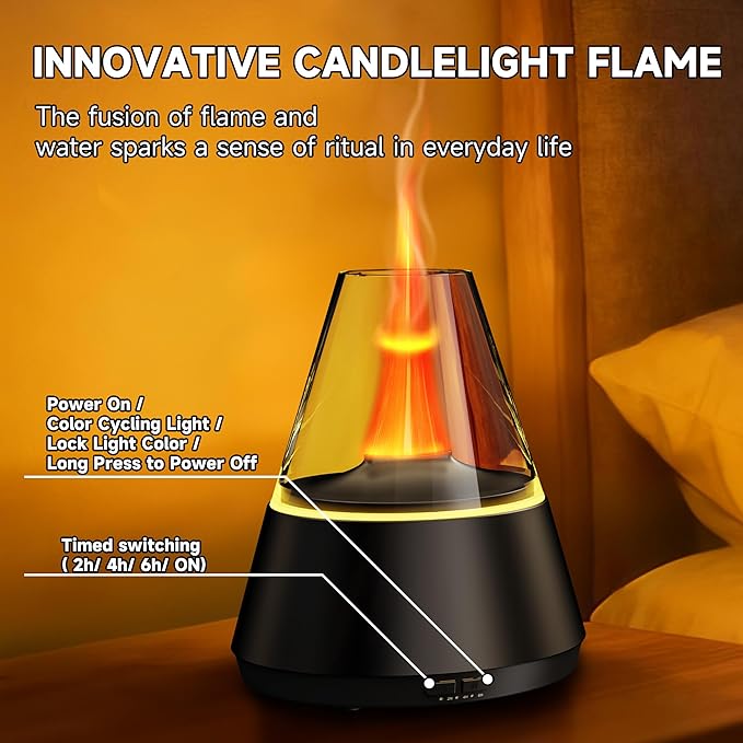 Essential Oil Diffuser, 7 Colors Flame Effect Aroma Humidifier with Timer, Ultrasonic Aromatherapy Diffuser for Home, Office, Bedroom, Yoga (Black)