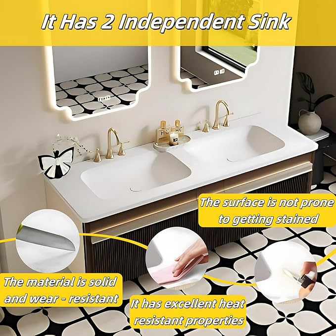 Bathroom Vanity with Double Sink - Bathroom Cabinet Vanity Including Grille Shaped Panel | Bathroom Vanity Double Sink, Soft Light LED Lights & Smart Defogging Mirror (Mirror Cabinet, 64IN)