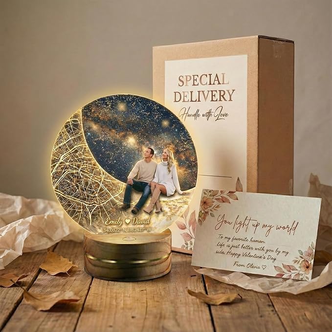 MamaEra Valentine’s Day Gift 2026 - Personalized Map Night Light with Photo & Coordinates – Custom Acrylic Moon Lamp with Wooden Base, Remote Control – Romantic Gift for Couples, Anniversary