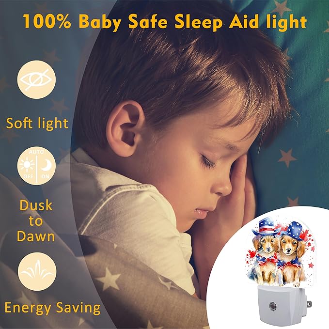 sndheke USA Flag Dog Couple Night Light Plug into Wall, American Patriotic Cute Dogs Dusk to Dawn Night Light Plug in,0.5w Energy Saving Sleep Friendly NightLight for Kids Boys Girls Home Decor