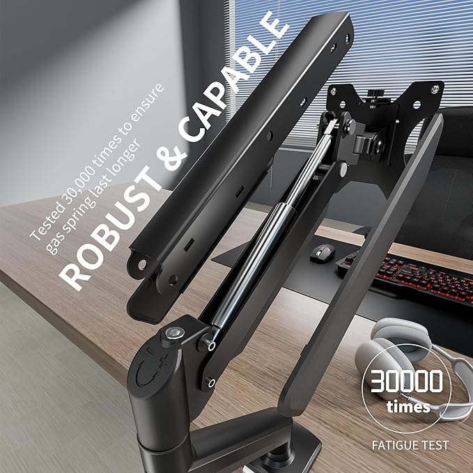 Single Monitor Arm Desk Mount，Gas Spring Monitors Arm for 17-32 inch Screens,Adjustable Computer Monitors Stand up to 4.4 to 19.8 lbs,Vesa Mount with Clamp and Grommet Base, VESA 75 & 100mm