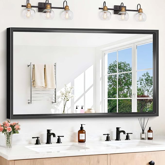 Large Bathroom Mirror, 60 x 36 Inch Rectangular Wall Mirror 0.6" Thickened Deep Frame, Brushed Black Mirrors for Bathroom Sink, Shatterproof Tempered Glass, Antirust, Horizontally or Vertically