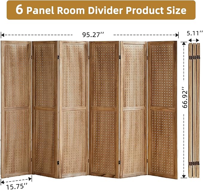 Asnefeli Pegboard Display Room Divider with 24 Hooks, 6 Panel 5.6Ft Wood Room Divider Folding Privacy Screen, Portable Freestanding Wall Organizer for Retail Craft Art Display Board, Natural