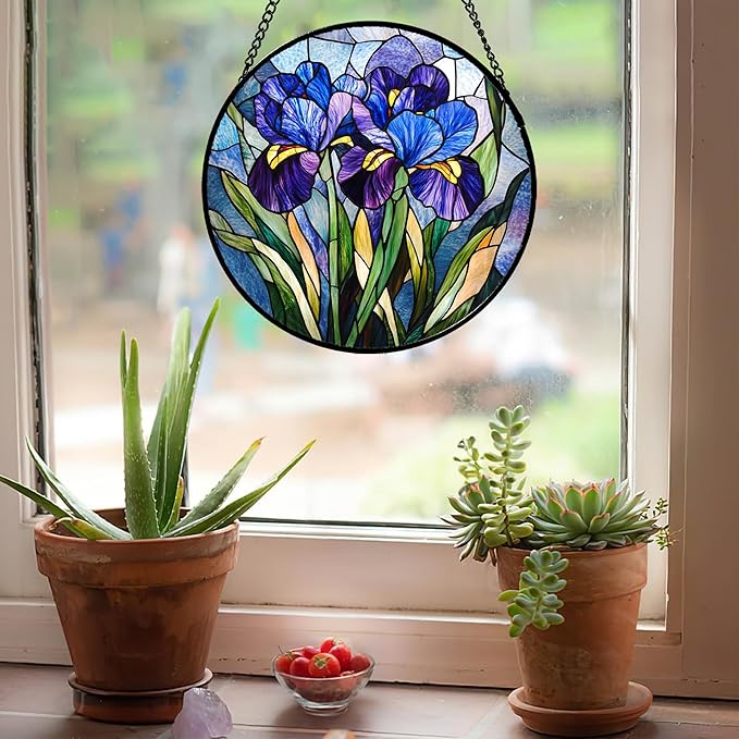 CRISGIF Stained Glass Window Hanging - Blue Purple Iris Flower Suncatcher for Door Garden Patio Sun Catchers Decor Christmas Mother's Day Birthday Gifts for Women Men Mom Nana Aunt Friend 7.8 in