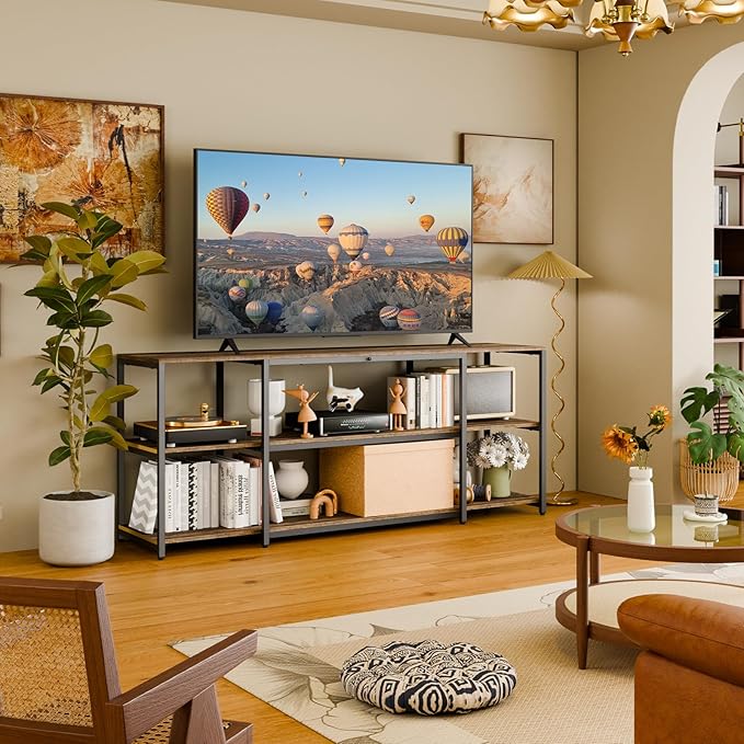 Aquzee 65 inch TV Stand, Entertainment Center for 40" 55" 60" 65" Television, Wood & Metal TV Console Table,Single Shelf Load 210lbs, 3Tiers Storage Rustic Television Stands, for Living Room Bedroom