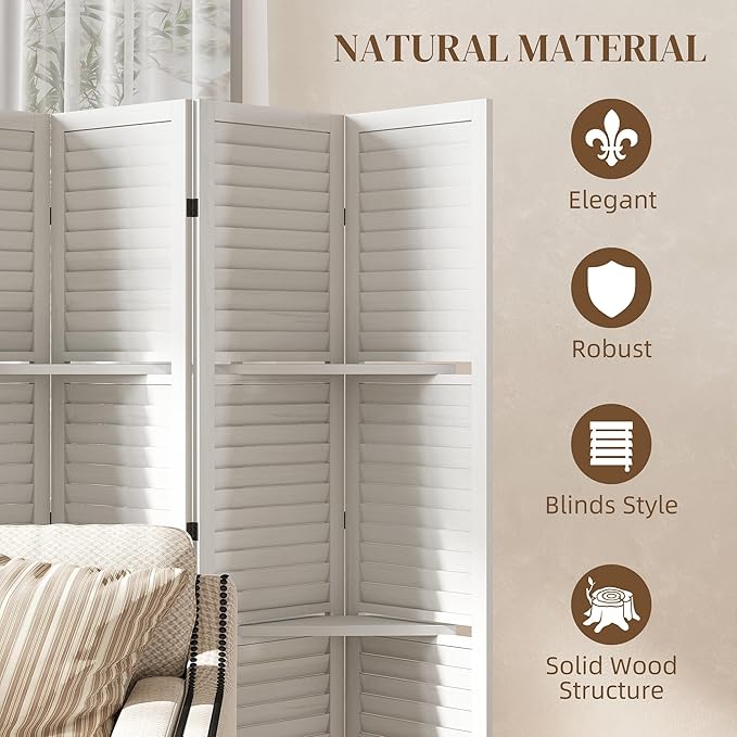 HOMCOM Room Divider, 6 Panel 67" Tall Wood Privacy Screen with 3 Display Shelves, and Folding Storage for Bedroom or Home Office, White