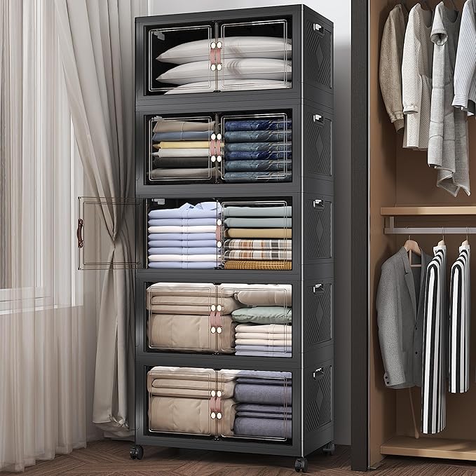 Extra Large Stackable Storage Bins with Lids & Wheels, 275QT-55QT/14GAL*5Pack Foldable Collapsible Closet Organizers Dark Storage Cabinet with Doors for Bedroom Dorm