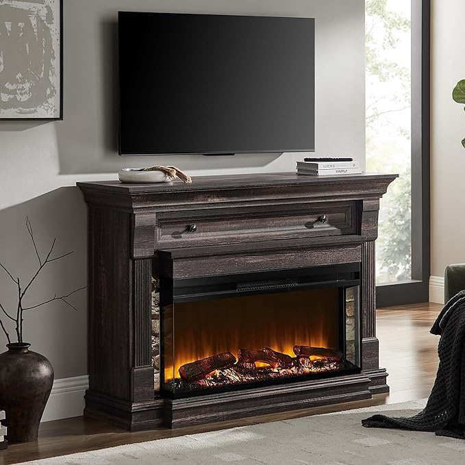OKD 52 Inch Electric Fireplace with Mantel, Fireplace TV Stand with 36" 3-Sided Glass Electric Fireplace Heater for Living Room, Dark Rustic Oak