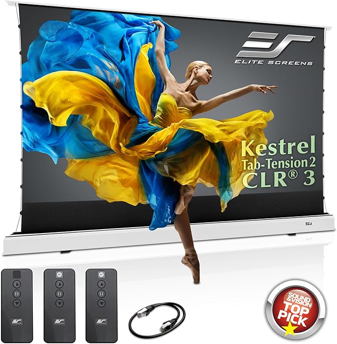 Elite Screens Kestrel Tab-Tension 2 CLR3, 101" 16:9, Ultra-Short Throw Ceiling Ambient Light Rejecting (CLR/ALR) Electric Floor-Rising Motorized Front Projector Screen,White Casing, FTE101XH3-CLR3