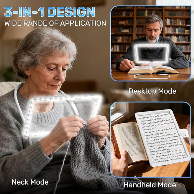 5X Neck Magnifying Glass with Light, Magnifier with Light Hands Free, Full Book Page Magnifier with 3 Light Modes, Flexible Gooseneck for Seniors Reading Low Vision (White)