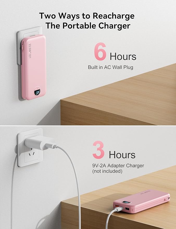 Ultra-Portable-Charger-Power-Bank with Built in Cables&AC Wall Plug,12000mAh PD20W USB-C Fast Charging Cell Phone Charger Battery Pack,LED Display Travel Battery Bank for All iPhone,Samsung,Android