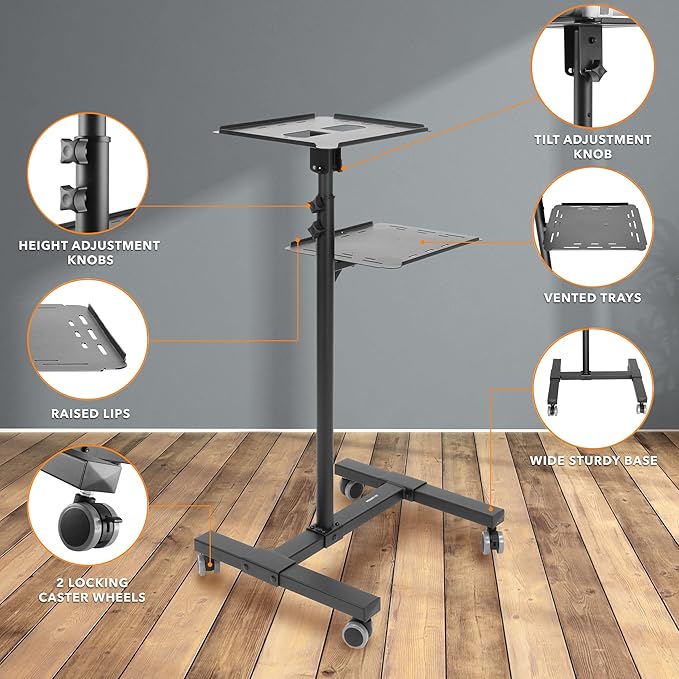 Mount-It! Mobile Projector and Laptop Stand (2 Shelves), Rolling Cart with Ventilated Tray, Heavy Duty, Height Adjustable Laptop and Projector Presentation Trolley, Black