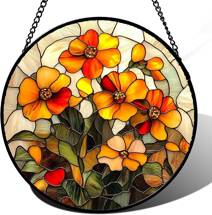 CRISGIF Stained Glass Window Hanging - Orange Marigolds Flowers Suncatcher for Door Garden Yard Sun Catchers Decor Christmas Mother's Day Birthday Gifts for Women Mom Nana Girlfriend Men 6.3 in