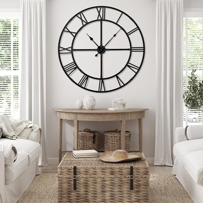 Ohweog Oversized 48 inch Wall Clock for Living Room Decor – Extra Large Silent Non-Ticking Modern Farmhouse Wall Clock, Decorative Metal Roman Numeral Clock, Black