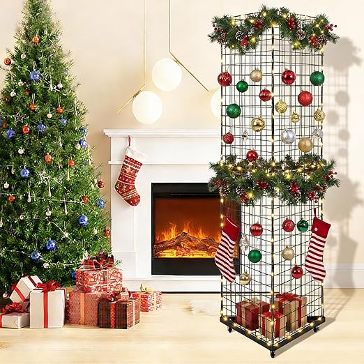 Weysat 5' x 1.6' Triangle Gridwall Panel Display Stand 3-Sided Grid Tower with Base and Casters Rolling GridWall Panel Stand for Home Organization Display Vendor Events, Black