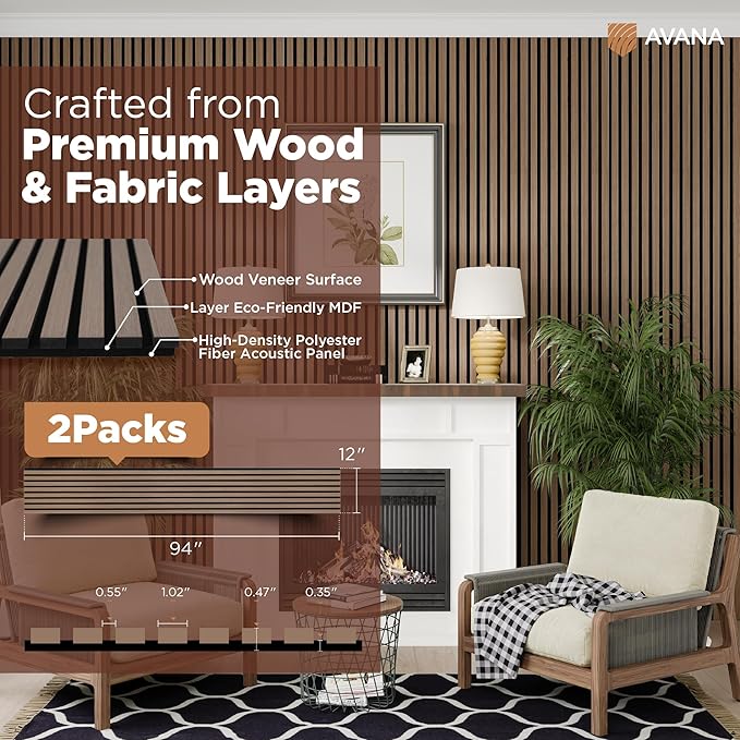 Avana Acoustic Wood Wall Panels – 94.4 x 12.6 Inch Smoke Walnut Acoustic Panels 2 PCs – Wall Panels For Interior Wall Decor For Homes, Offices, Studios – Pleasing Wood Panels For Wall