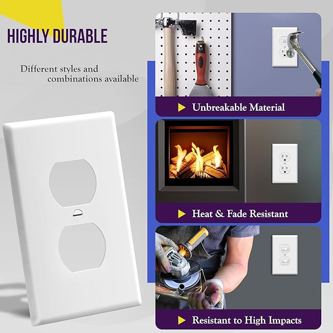 ENERLITES Duplex Receptacle Outlet Wall Plate, Electrical Outlet Cover, Mid-Size Size 1-Gang 4.88" x 3.11", Unbreakable Polycarbonate Thermoplastic, UL Listed, 8821M-W, White