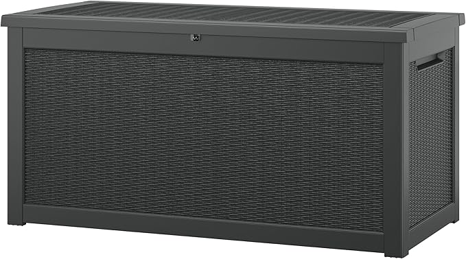 NUNU LAB 300 Gallon Outdoor Storage Box,Resin Large Sturdy Deck Box, Backyard Outside Storage Box Waterproof with Double Wall Panels,Package Delivery Garden Outdoor Hose Bin