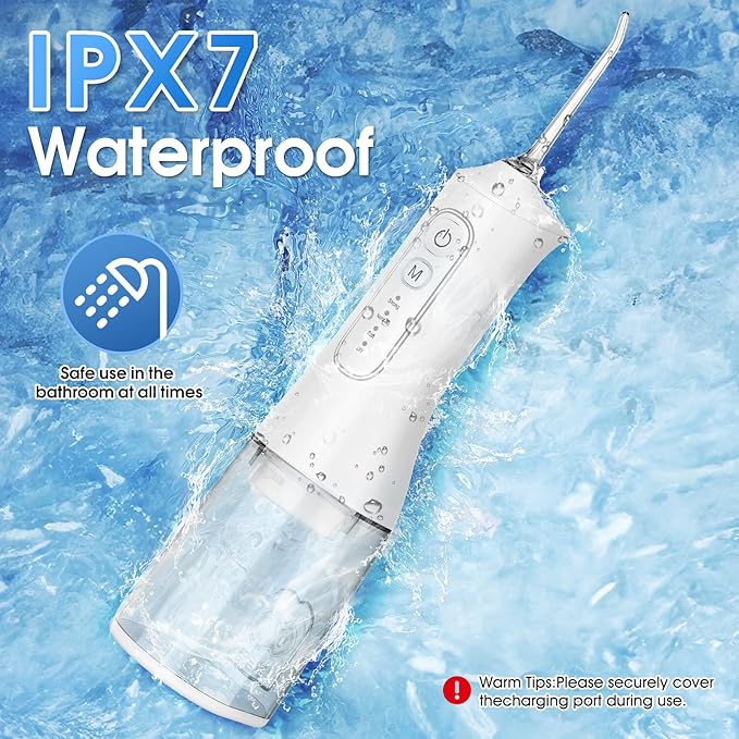 Water Flosser, Rechargeable 300ML IPX7 Waterproof Cordless Portable Oral Irrigator with 4 Modes & 6 Replaceable Jet Tips-Professional Flossing Cleaner for Daily Home Use,Travel,Gums,Braces Care-White