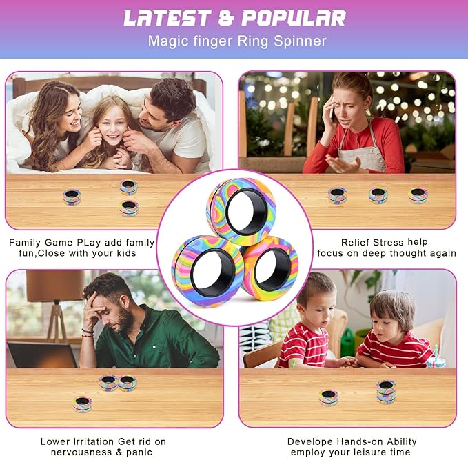 Cevioce 3Pcs Magnetic Rings Fidget Toy Set, Idea ADHD Anxiety Magnetic Fidget Toys Adults Fidget Spinner Rings for Relief, Valentines Day Gifts for 8+ Year Old Teen Boy Girl Easter Basket Stuffers C