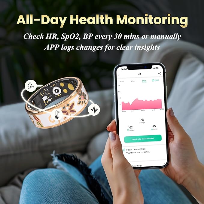 Enamel Craft Smart Ring for Women & Men - No Subscription Fee Fitness Tracker with Sleep Tracking, Heart Rate, SpO2 - IP68 Waterproof for iPhone Android - Activity Tracker, Remote Camera Size9