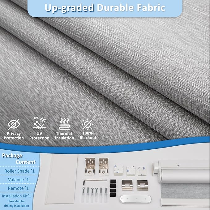 MANSNIX Smart Motorized Blinds with Remote, Cordless No-Drill Automatic Roller Shades, Blackout Electric Blind for Windows, Grey, 39 x 72