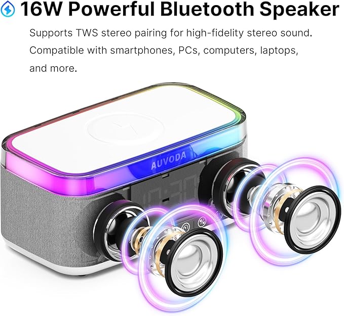 AUVODA S300 Portable Bluetooth Speaker with 15W Fast Wireless Charging, 13-Color Dimmable Night Light, White Noise, Alarm, FM Radio, 16W Stereo, BT5.3, TWS, for Home, Office, Bedroom (White)