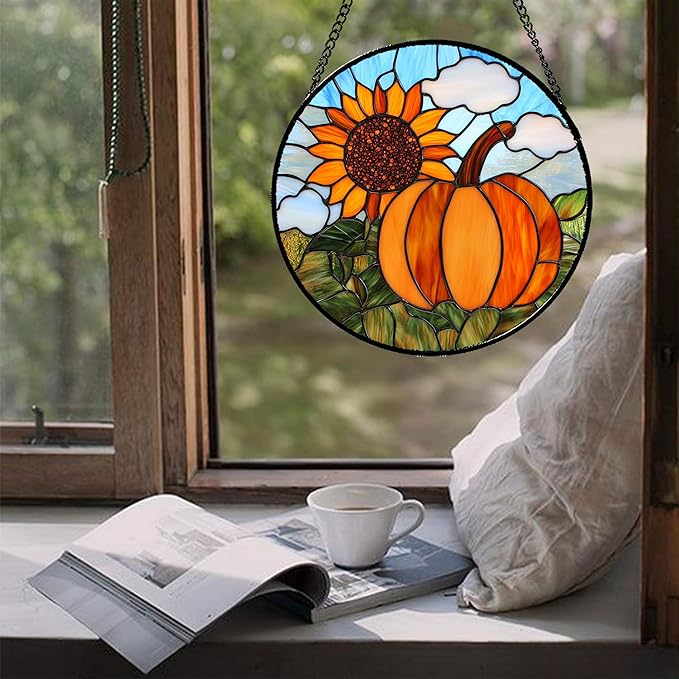DASTOLL Stained Glass Window Hanging Fall Farm Scenery Sunflower Pumpkin 6.3" - Suncatcher Door Garden Kitchen Sunroom Sun Catcher Home Decor Birthday for Mom Grandma Men Woman