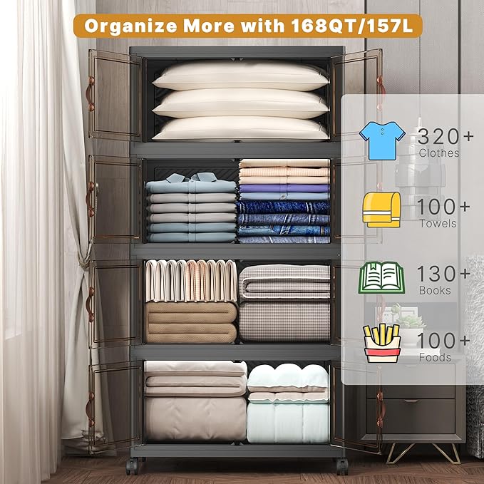Extra Large Stackable Storage Bins with Lids & Wheels, 1344QT-168QT/42GAL*8Pack Foldable Collapsible Closet Organizers Dark Storage Cabinet with Doors for Bedroom Dorm