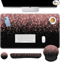 Britimes Rose Gold Pink Keyboard Mouse Pad Set Black Golden 4in1 Large Mousepad+Keyboard Wrist Rest+Mouse Wrist Rest+Coaster Ergonomic Design for Home Office Computer 35.4x15.7 inches