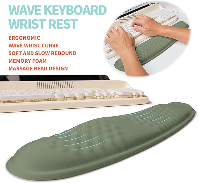 KUOSGM 2-in-1 Ergonomic Set, Wave Rise Keyboard Wrist Rest and Massage Bulge Slope Mouse Pad Wrist Support, Cushion Memory Foam Integrated to Relieve Wrist Pain, Olive Green